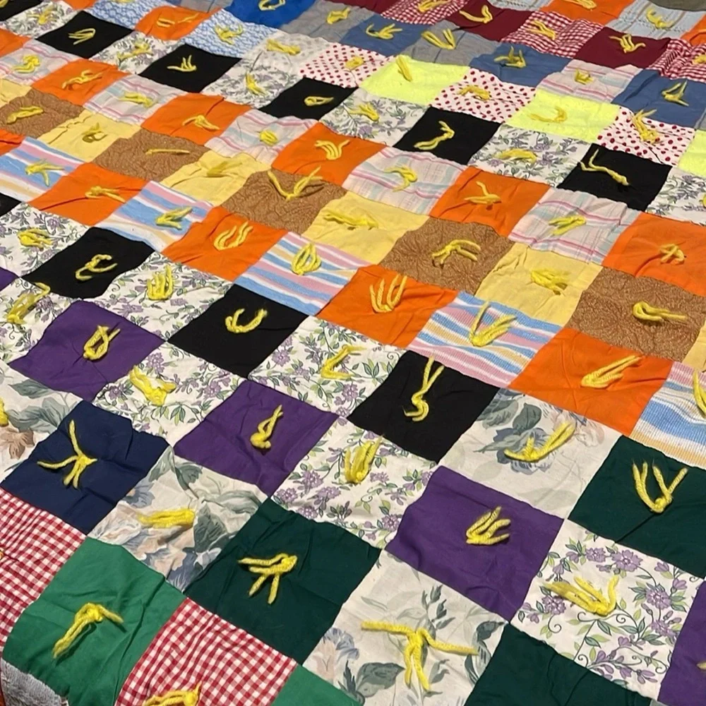 Vintage handmade patchwork with yarn ties quilt!